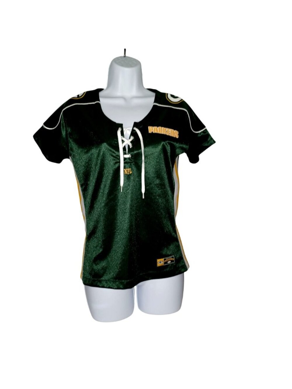 Green Bay Football Lace Up Silky Jersey Shirt Green Gold Football Women Size Med